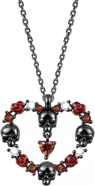 Gnoce Rose & Skull Necklace 925 Sterling Silver Black Plated Heart Necklace With Red Stone Adjustable Chain Necklace Jewelry Gift for Women Girls Wife Daughter