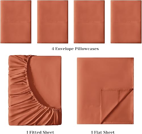 Miniatura 3 de BYSURE Juego de sábanas de 6 piezas (tamaño Queen, terracota)  Sábanas de lujo súper suaves de 1800 hilos 100% microfibra con bolsillos profundos,