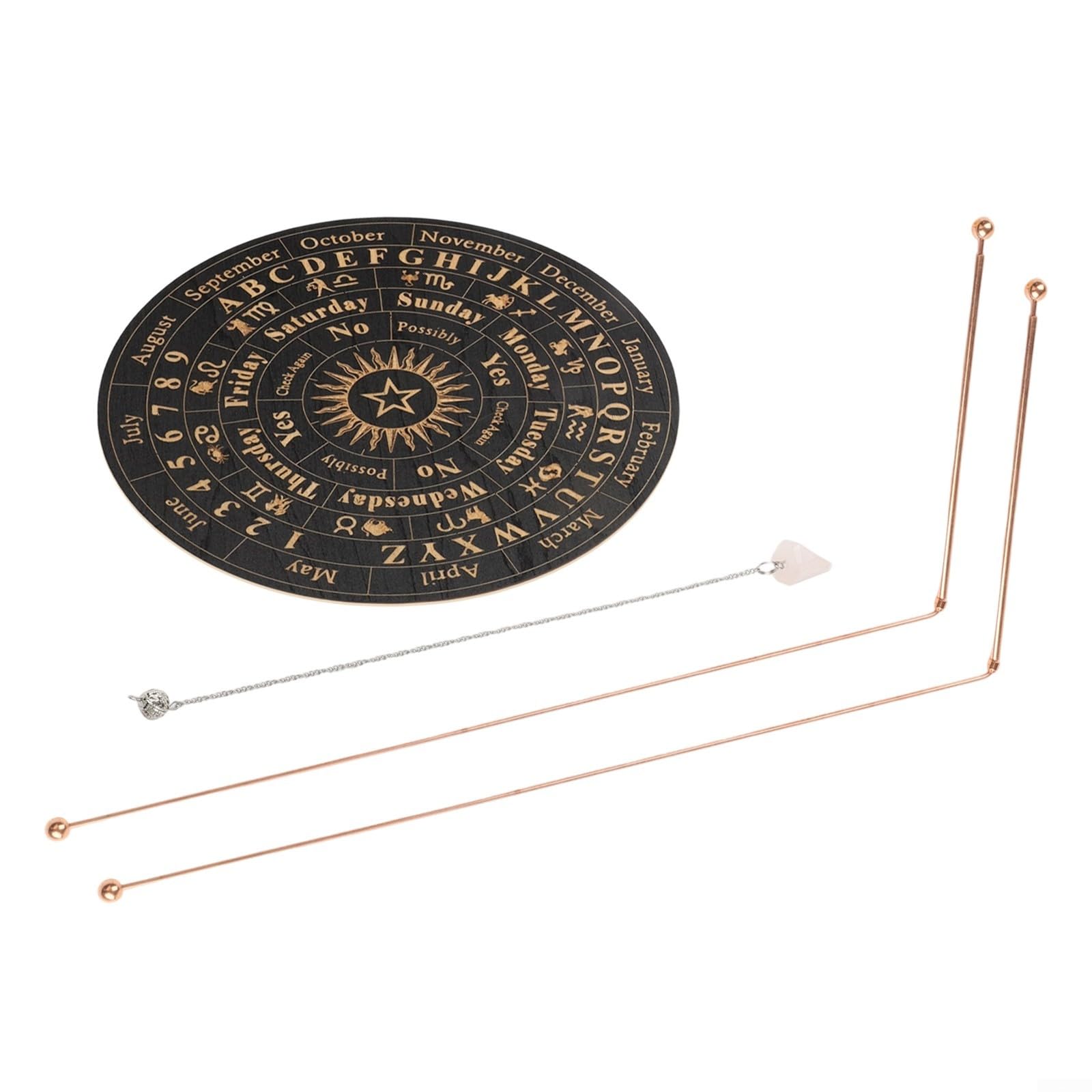 Ensemble de baguettes de radiesthésie en cuivre 99,9 % comprenant 2 tiges télescopiques, pendule en bois et pendentif en cristal pour travaux d'eau, minéraux et énergie