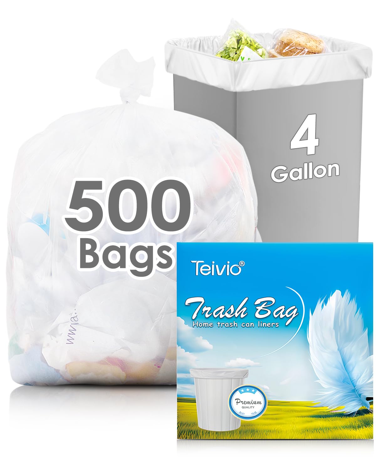 4 Gallon 500 Counts Small Trash Bags 3.8 Gallon 4 Gallon 4+ Gallon fit 15 liter Garbage Bags by Teivio, Waste Basket Bags,Bathroom Trash Can Bin Liners, Plastic Bags for home office kitchen, Clear