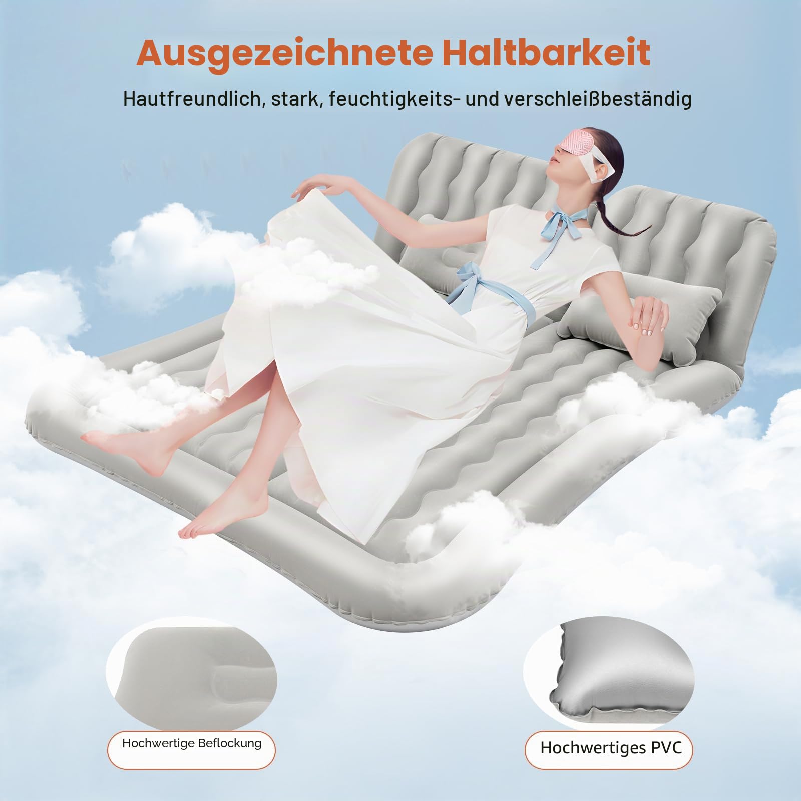 Auto Luftmatratze SUV Aufblasbare Matratze Luftbett Camping Faltbare Luftmatratze Auto mit 2 Kissen & Aufblasbare Pumpe Doppelseitige Verdickte Beflockung für Reisen, Camping (Grau)