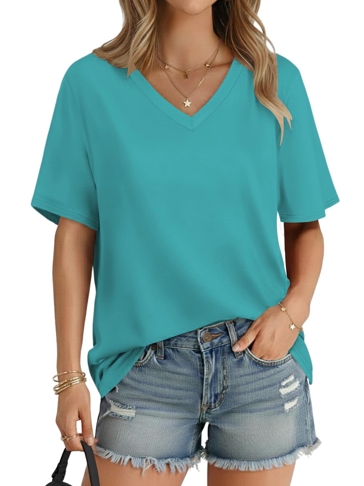Cuptacc Tshirt Damen V Ausschnitt Oversized Oberteile Einfarbig Basic Tunika Sommer Locker T Shirt Casual Lang Kurzarm T-Shirt Damen