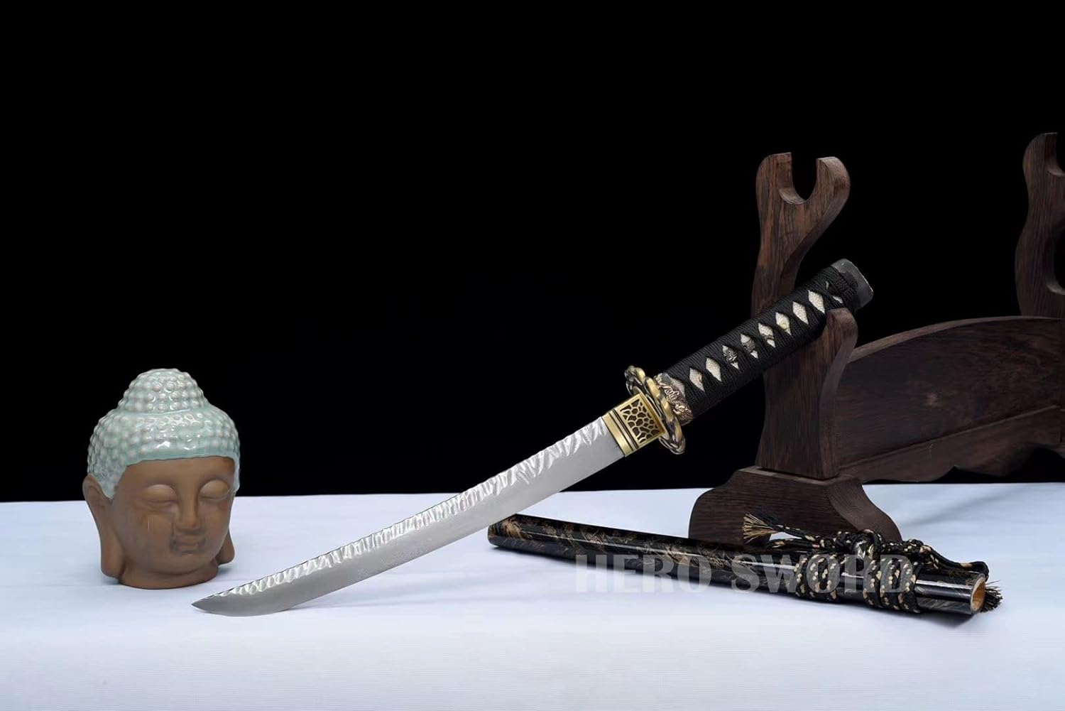 HERO SWORD-Handmade Damascus Folded Steel Stone Pattern Blade Tanto Full Tang Sharp Fighting Japanese Samurai Sword Copper Tsuba,Kashira