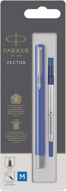 Parker Medium Point Vector Rollerball Pen, Blue with Chrome Trim, Blue Ink, Blister Pack