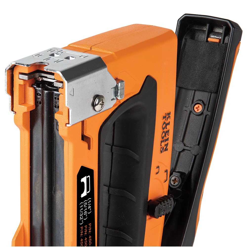 KLEIN TOOLS Strapazierfähiges Heftgerät für Sprach-, Daten-, Video- und nichtmetallisch ummanteltes (Romex)-Kabel, passend für Heftklammern 450-100, Orange, Schwarz, 1/4, 5/16 und 19/32 Zoll