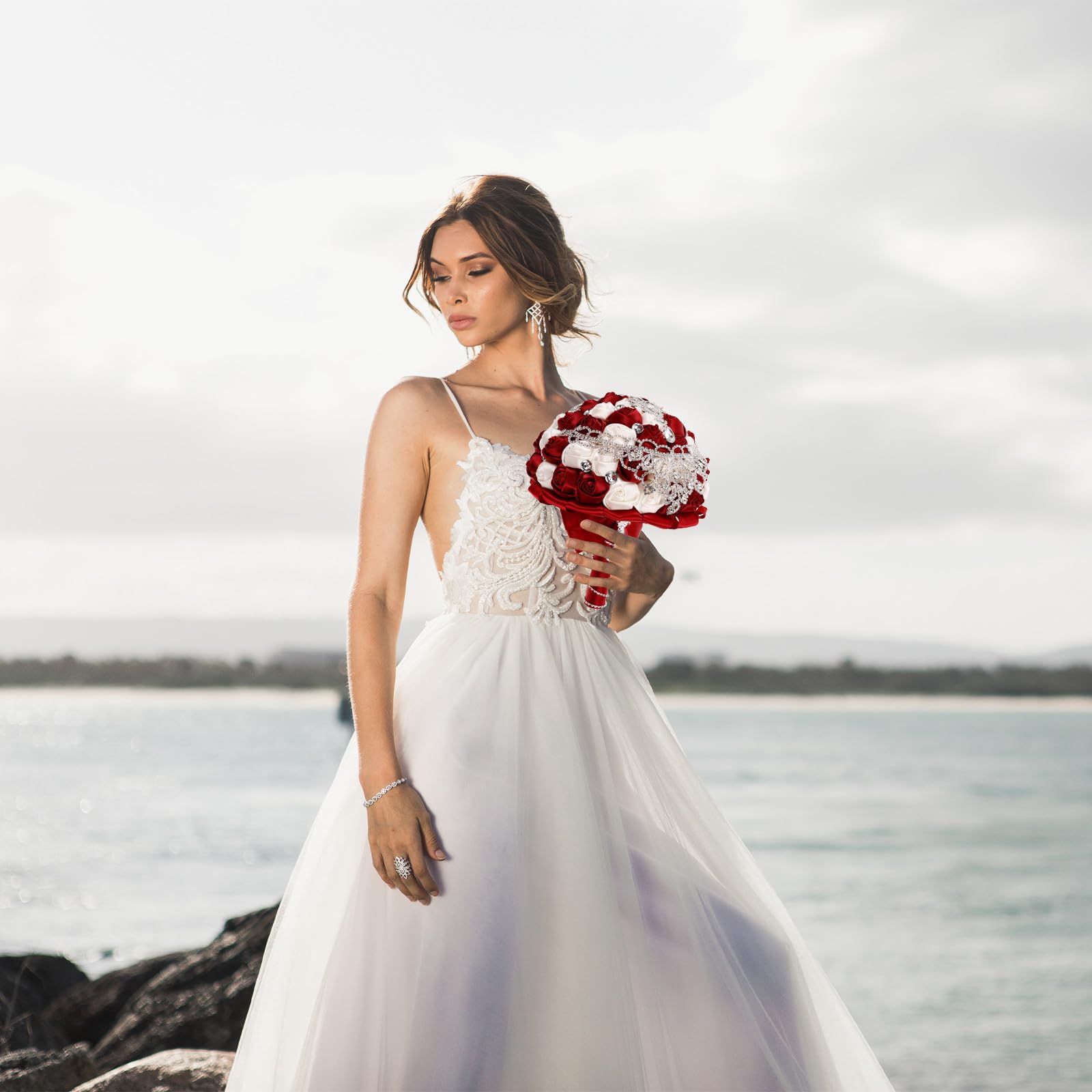 jojofuny Bouquet da Sposa e Damigella Rose Artificiali, Strass