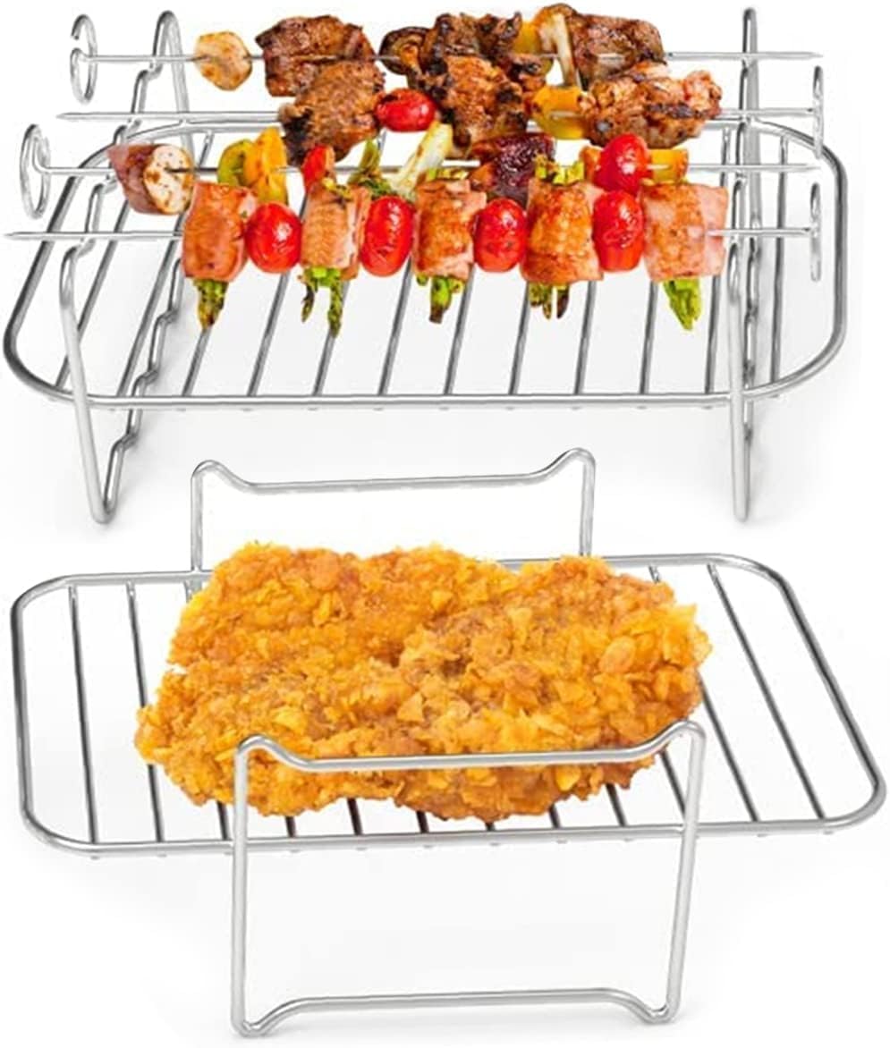 Keyohome 2PCS Air Fryer Double Layer Grilling Rack with 4 Skewers, Multi-purpose Stainless Steel Air Fryer Racks for Ninja Dual Drawer, Barbecue, Roasting Oven Accessories (Silver, A)