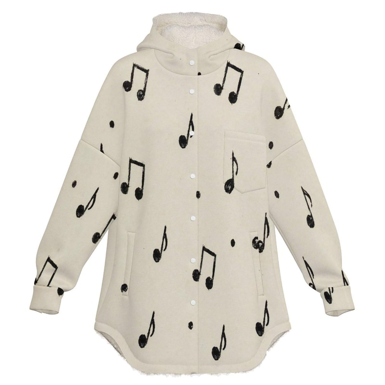 Sudadera Invierno con Capucha de Forro Polar Mujer Patrón De Nota Musical Cálido Hoodies a Manga Larga Felpa Sudadera con Bolsillos, Beige