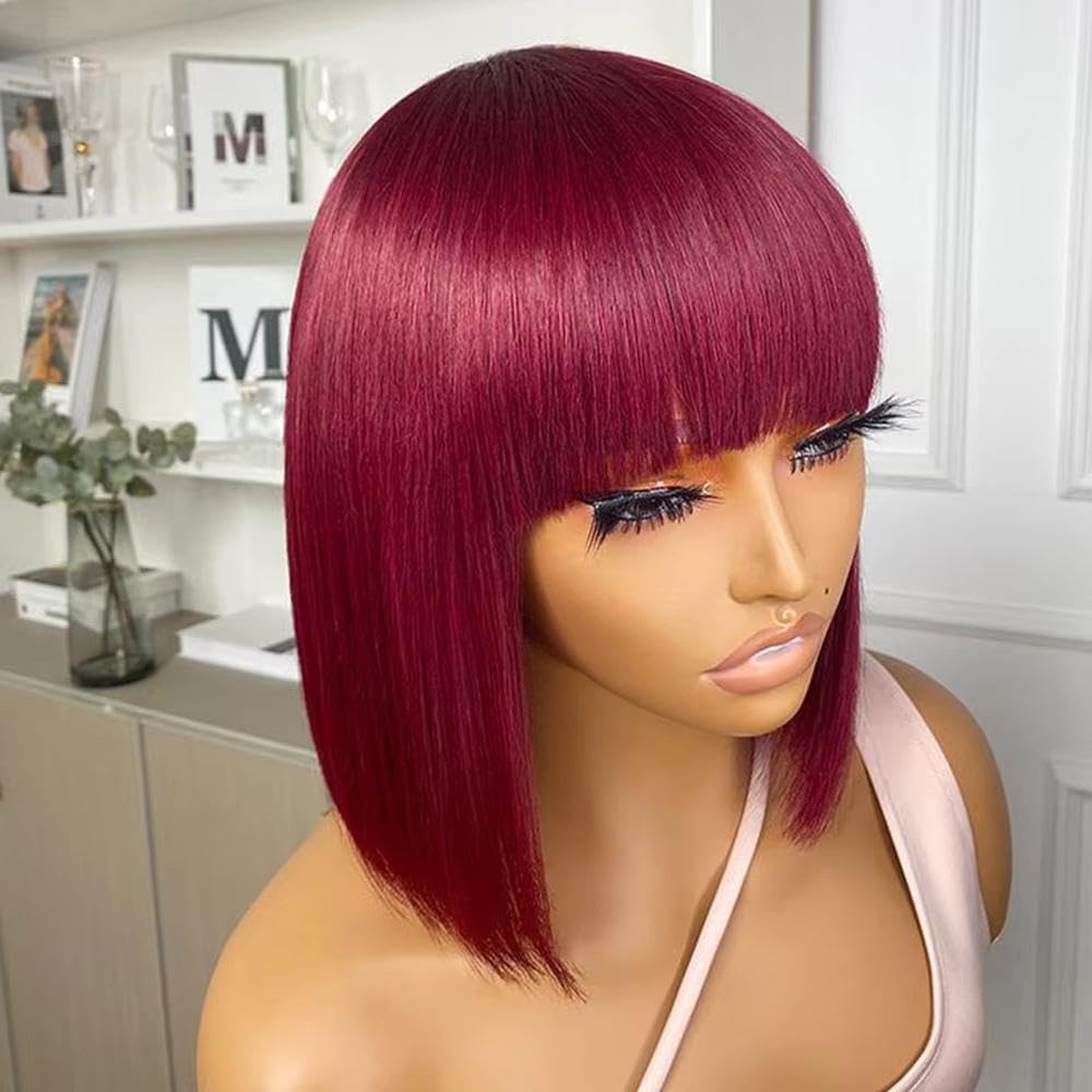 Haarpflege Kurze Gerade Bob Echthaarperücke Mit Pony Für Frauen(Orange,8inches)