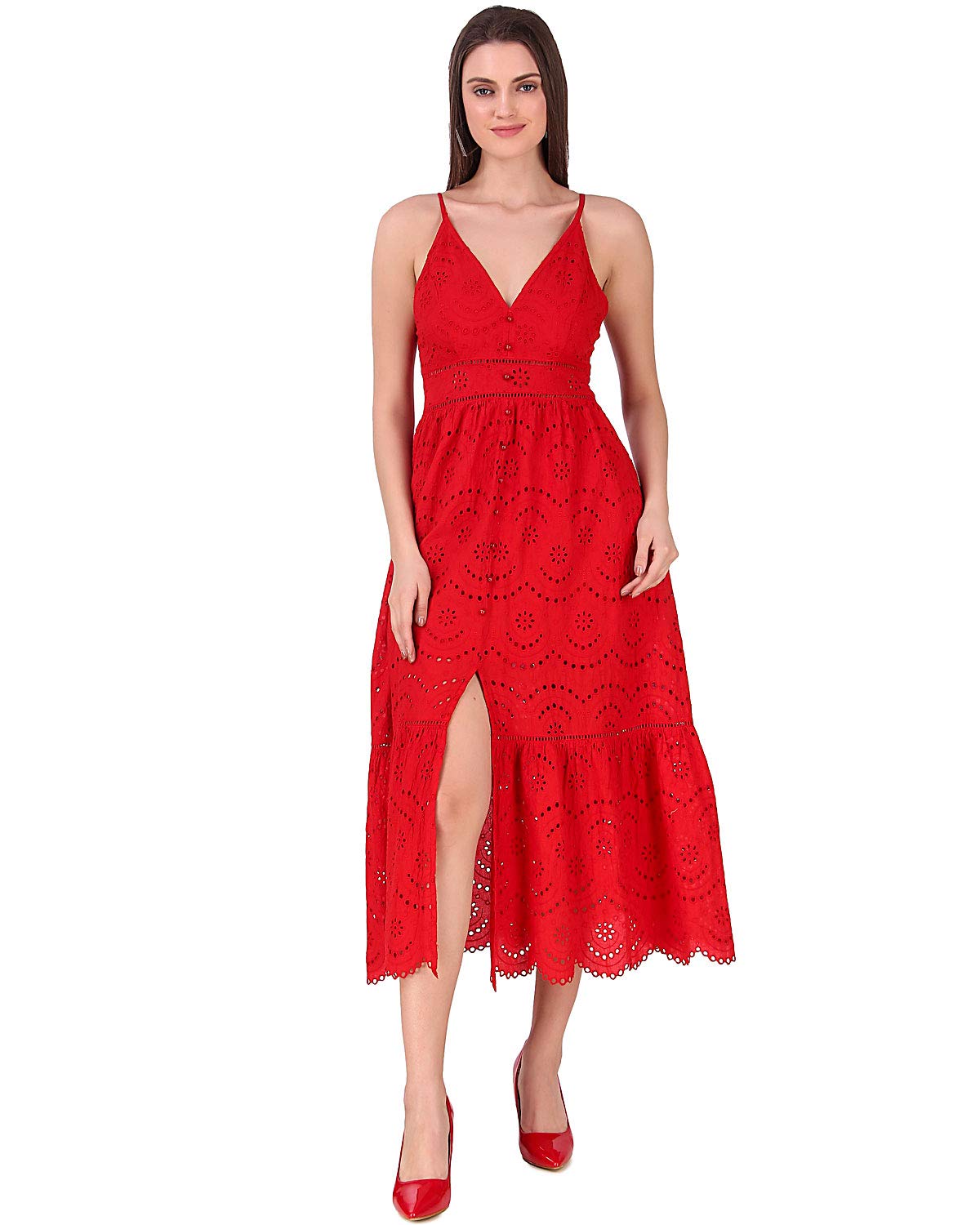 BoheeWohee Women's Schiffli Embroidery Pearl Button Boho Gypsy V-Neck Spaghetti Strap Maxi Dress