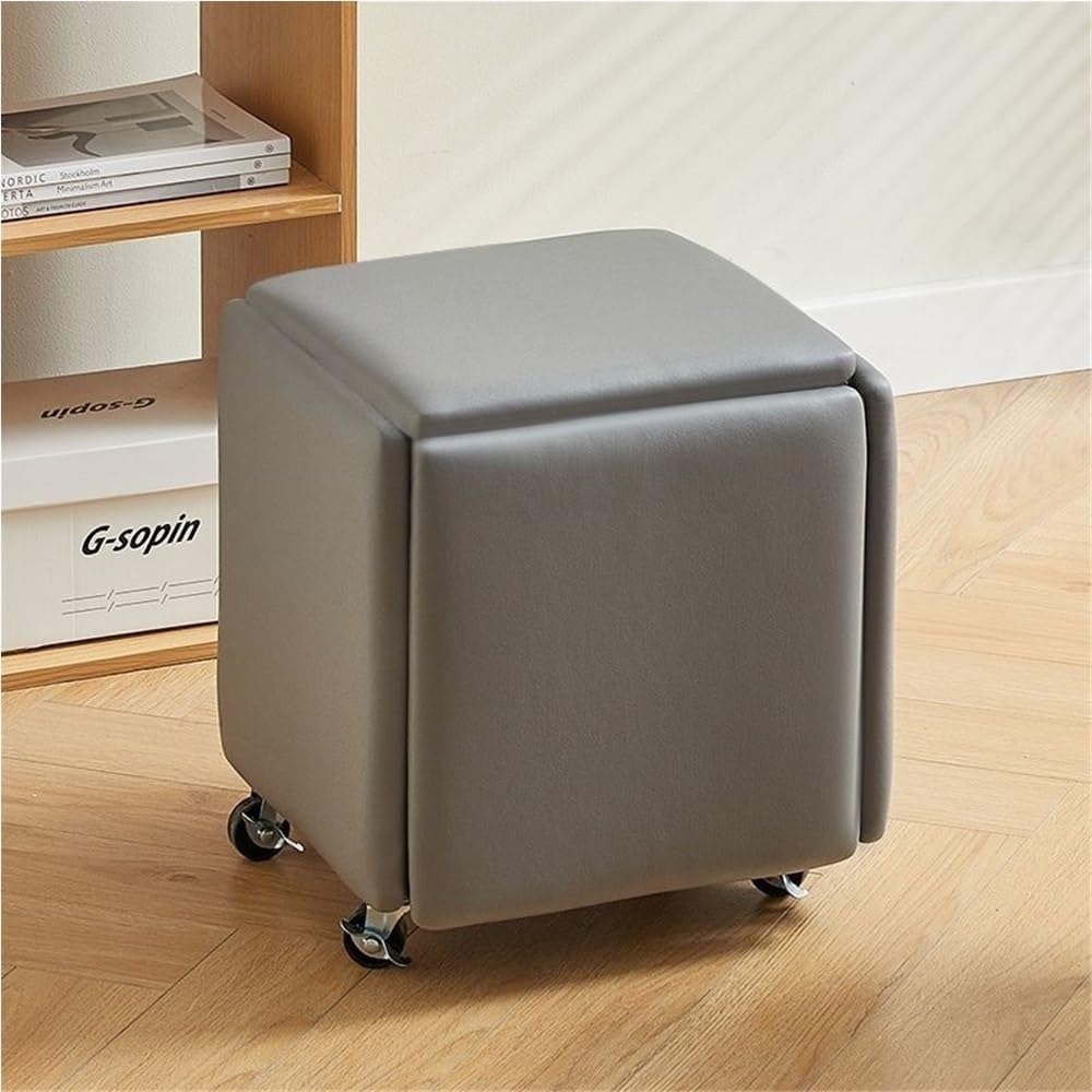 5-in-1 Gray Nesting Ottoman Cube Chair - Stackable Sofa Stools with Wheels for Living Room & Dining Room Versatile Foot Stools for Multi-Scenario Use (Large)