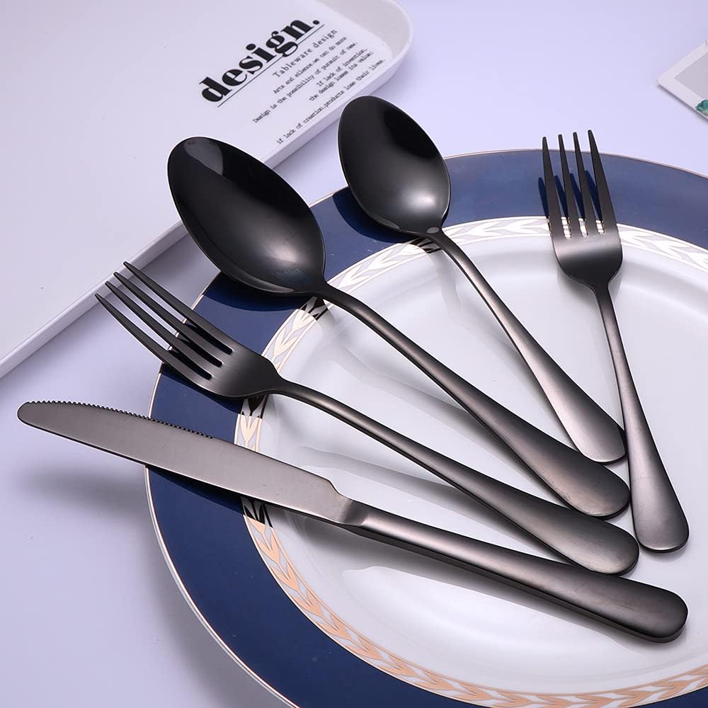 40 Pcs Black Silverware Set Service for 8,Premium Stainless Steel Flatware Set,Mirror Polished Cutlery Eating Utensil Set,Include Fork Knife Spoon Set,Dishwasher Safe