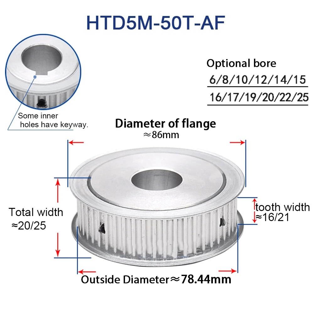 Polea de distribución HTD de 5M, 50T, 50 dientes, diámetro 6/8/10/12/14/15/16/19/20/22/25mm, paso de 5mm, 16/21mm de ancho, polea de correa de distribución HTD(20mm-keyway 6x2.8mm,Width 20mm)