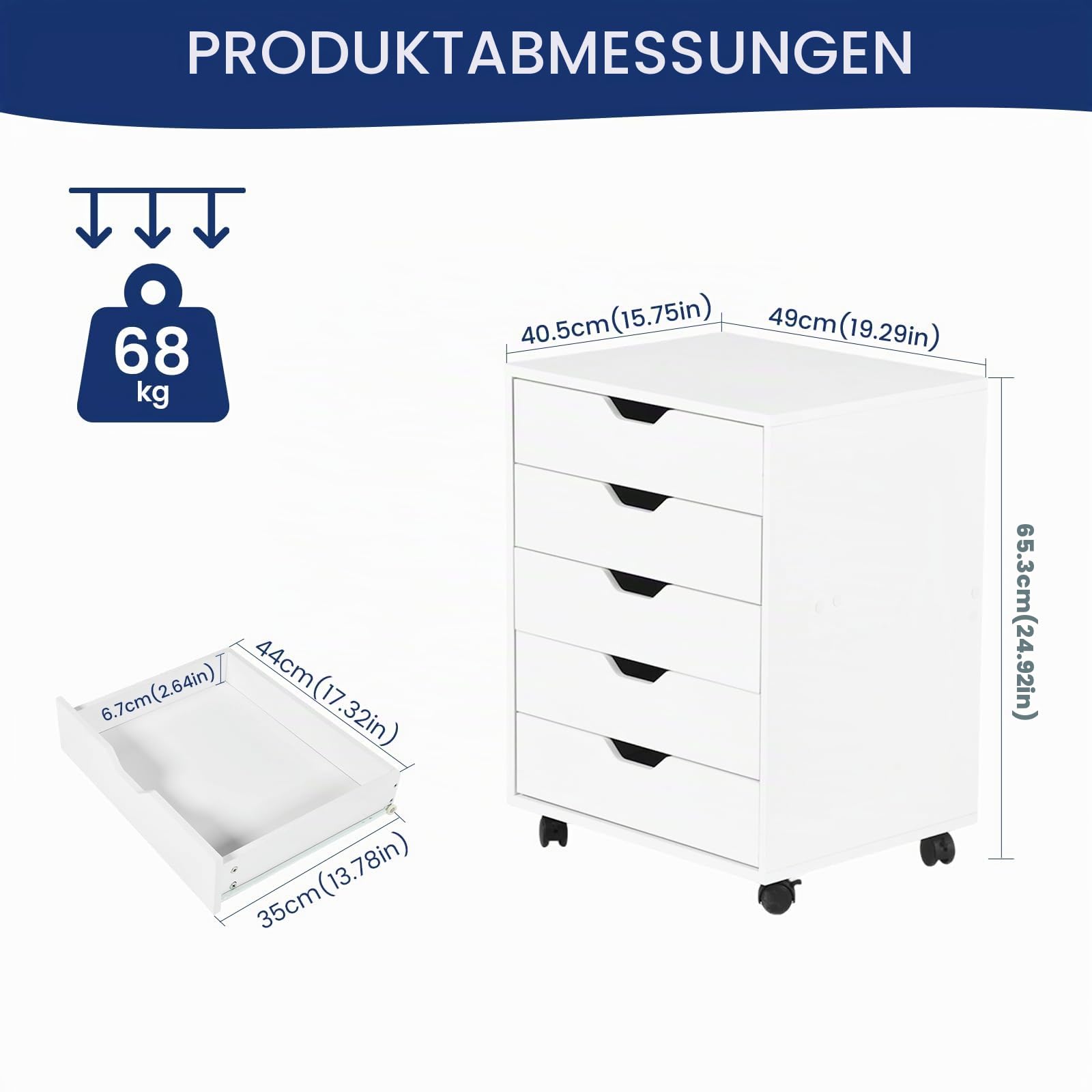 Rollcontainer mit 5 Schubladen, Mobiler Aktenschrank mit 4 Rollen, Holz Büroschrank Schreibtisch Unterschrank, Schmal Schubladenschrank Druckerschrank Weiß, 40.5cm Breit