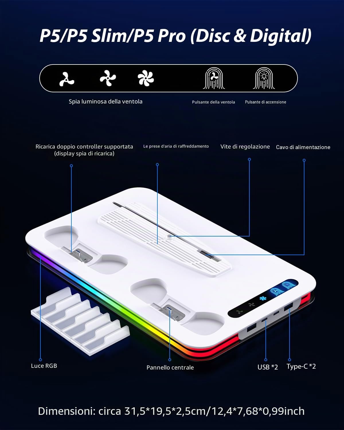 Supporto per PS5/PS5 Slim/PS5 Pro, P5 Verticale Supporto di Raffreddamento con 3 Livelli di Velocità e 8 Luci RGB P5 supporto Verticale con Caricatore Controller PS5, 6 Slot per Giochi