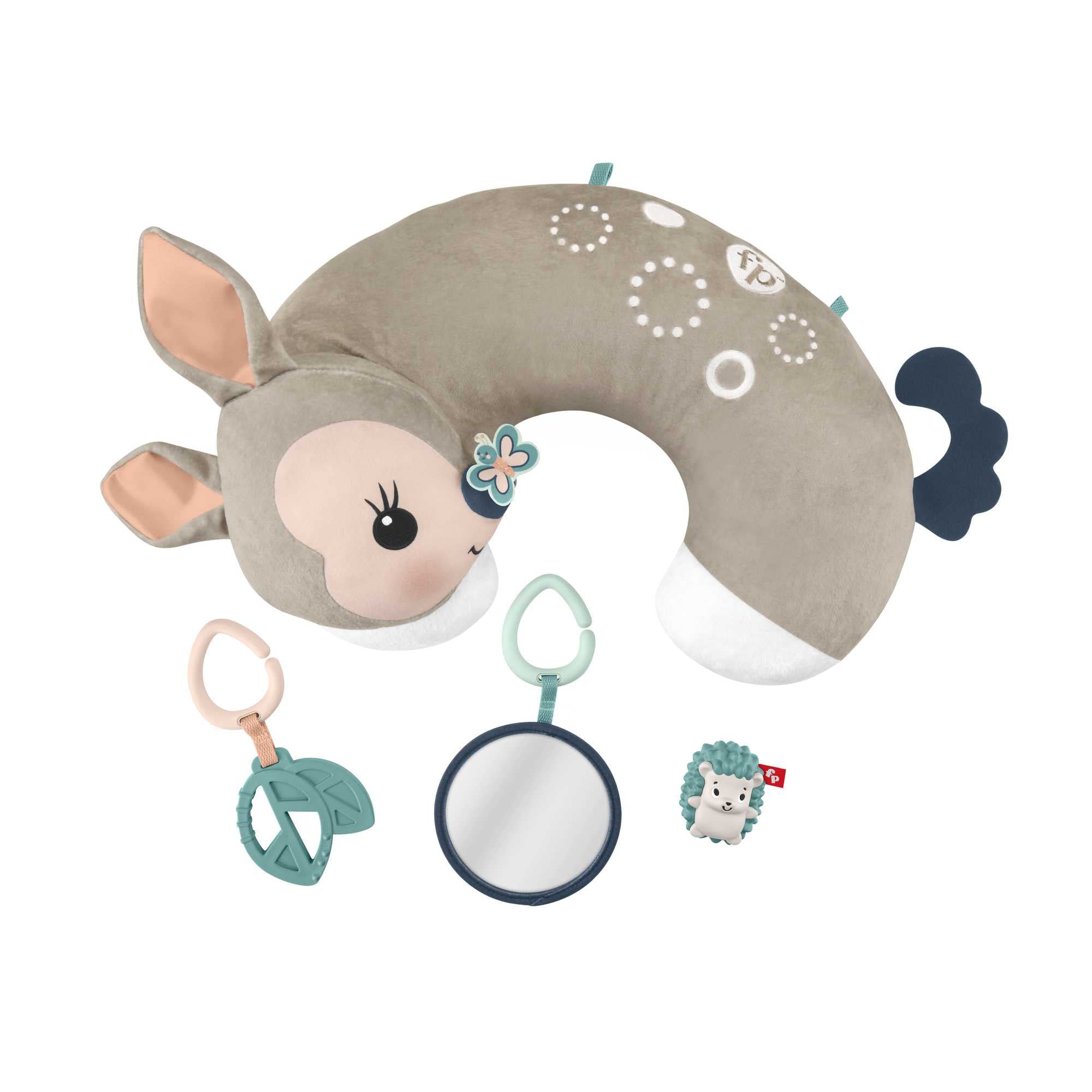 Fisher-Price - Cuscino Dolce Cerbiatto, cuscino giocattolo per neonati con 3 giocattoli per attività sensoriali, Giocattolo per Bambini 3+ Mesi, HJJ16