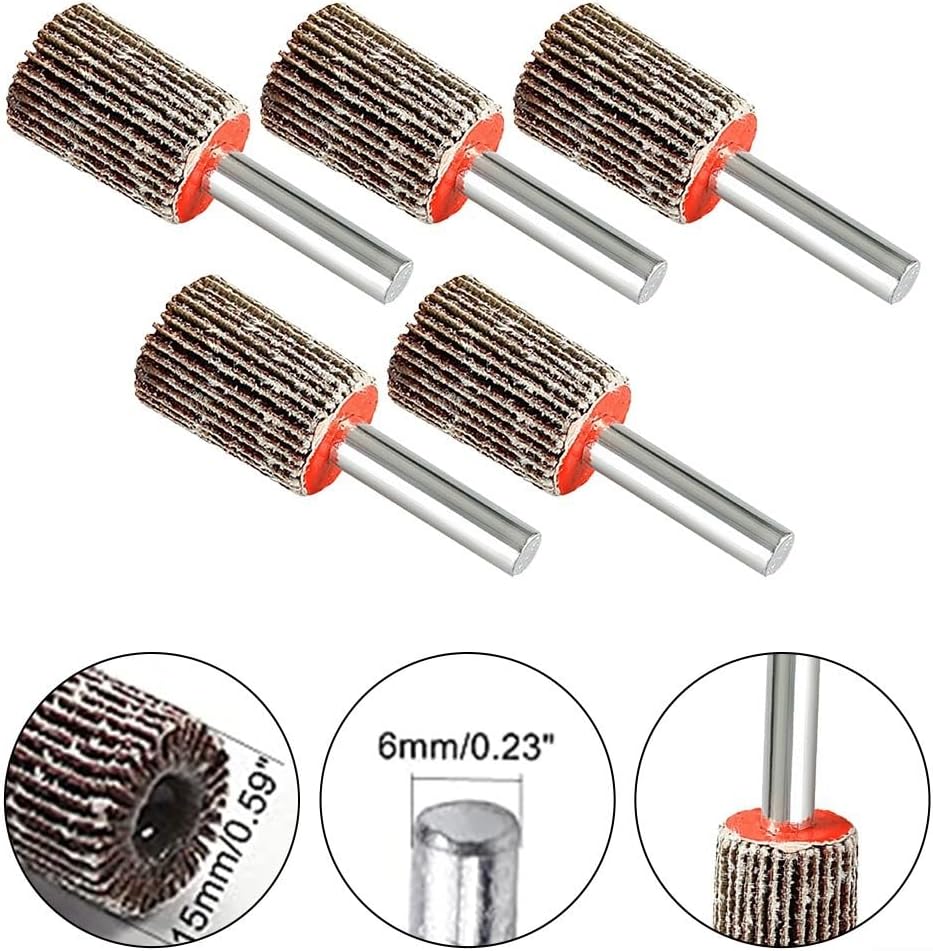 5 Pcs 15mm Flap Wheels Sanding Drum Attachment 80 Grit Rotary Burr Bit Set Polishing Wheels Die Grinder Accessories Deburring Tool Bits Drill