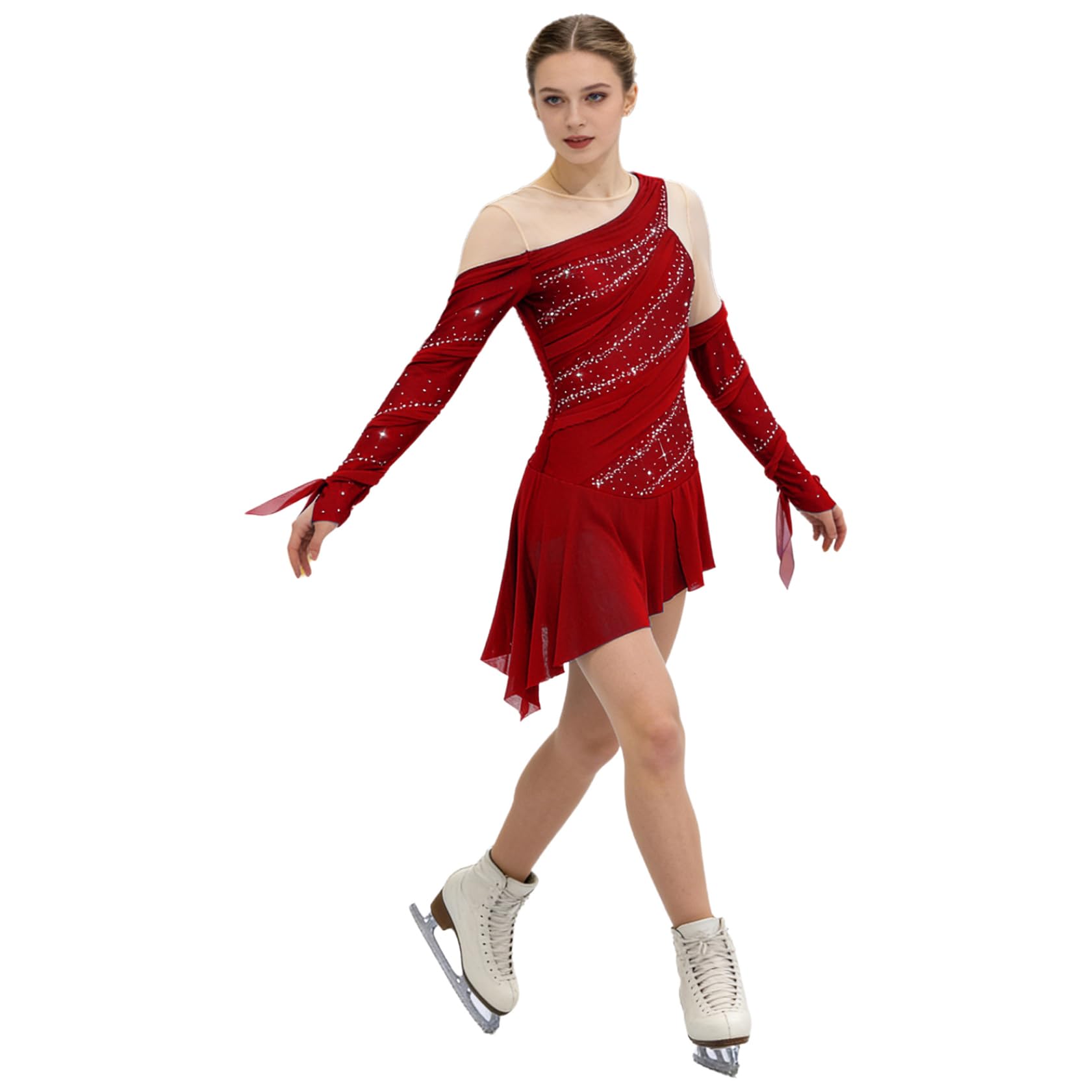 Sywiyi Damen Eiskunstlauf Kleid Langarm Rollkunstlauf Kleid Glitzer Tanzkleid Trikot mit Mesh Rock Kürkleid Wettkampf Bühnen Auftritt Outfit