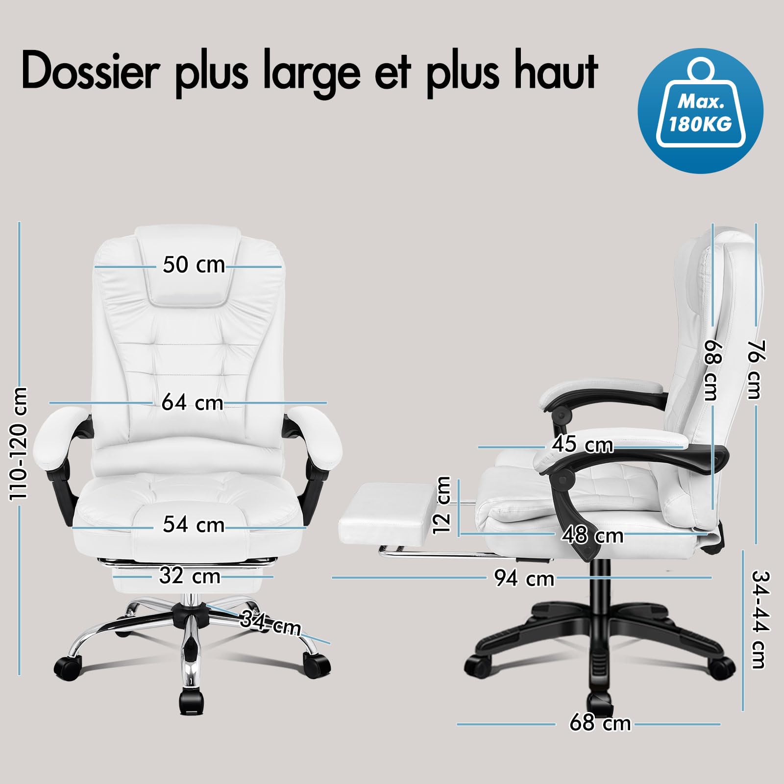 ALFORDSON Chaise de bureau ergonomique, Fauteuil avec fonction de massage thermique, chaise d'ordinateur en cuir PU avec accoudoirs rembourrés et appui-tête souple, chaise pivotante à roulettes, Blanc