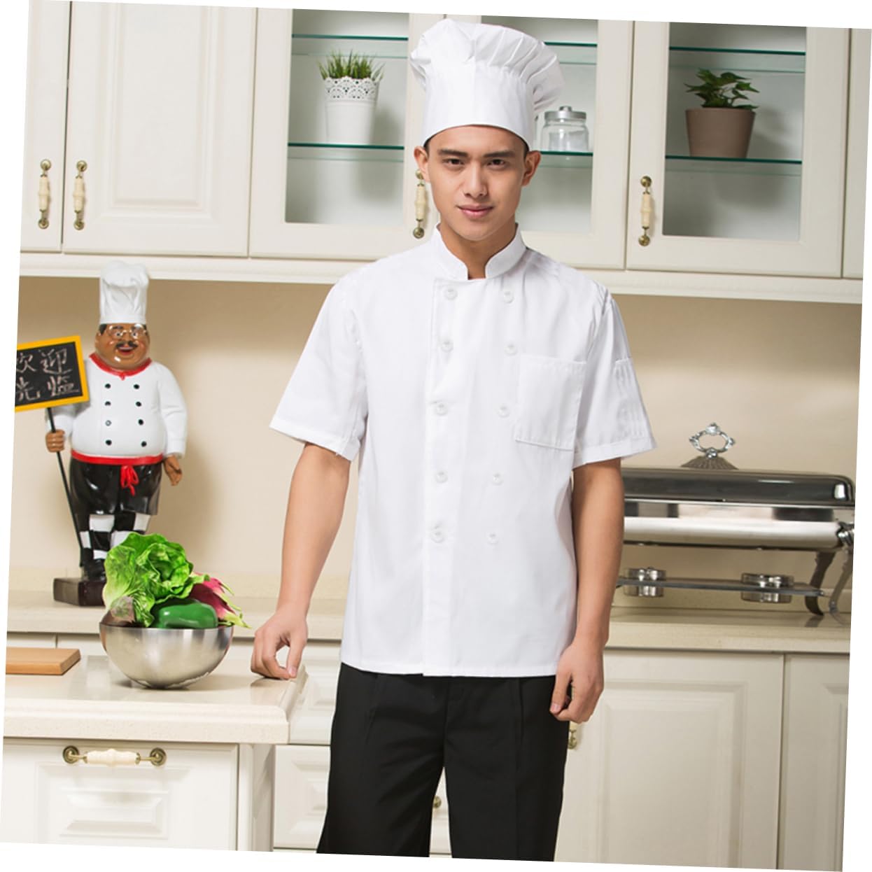 BESPORTBLE Unisex Chef Apparel Xxl White Short Sleeve Jacket Casual Loose Fit Stand Up Collar Blended Material for Cooking Baking and Hotel Uniforms