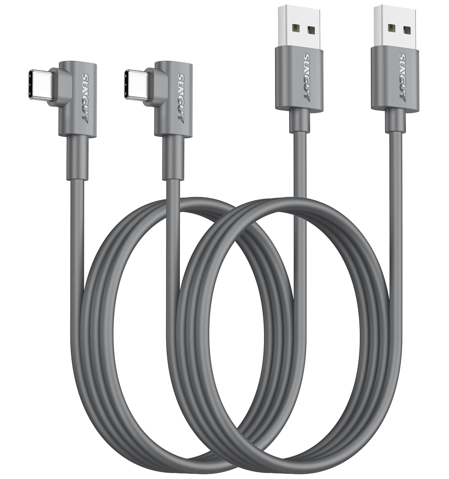 SUNGUY USB C Cable Right Angle 3FT, 2-Pack 90 Degree 3A USB 2.0 Fast Charging &amp; Data Sync Cable Compatible with Samsung Galaxy S21 S20 S10 Plus, Note 20 10, Moto G7 G8, LG V50 V40 - Grey