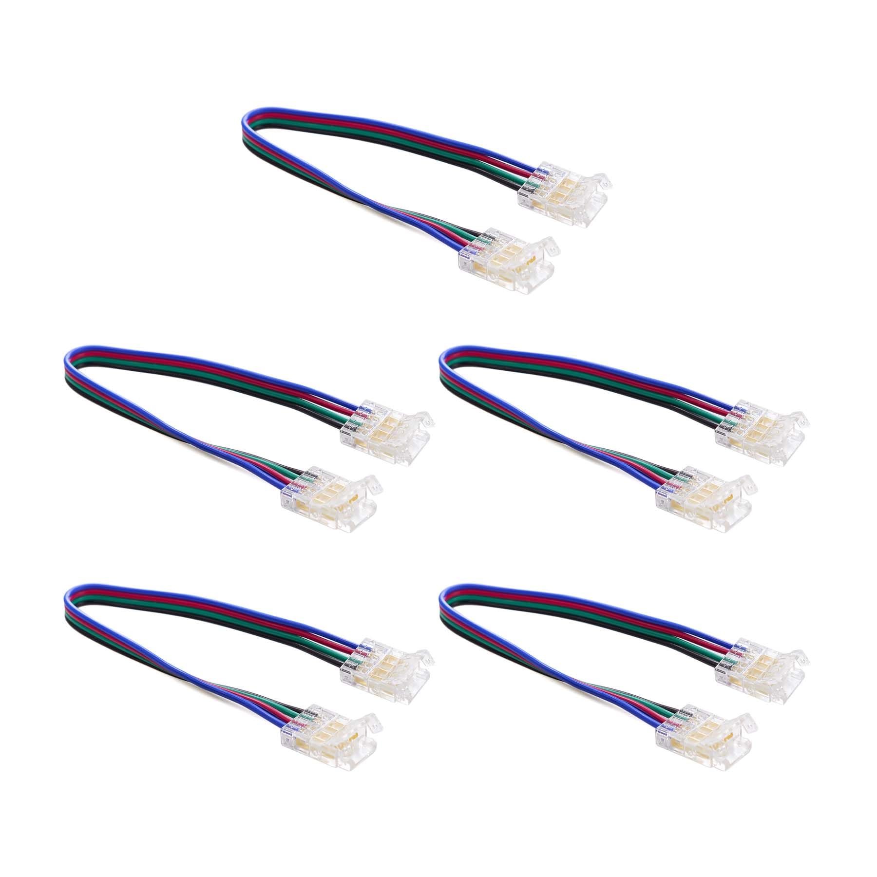 G.W.S® Solderless 2 End Wire Connectors, for 10mm Wide 4 Pin RGB LED SMD Strip Lights, Pack of 5