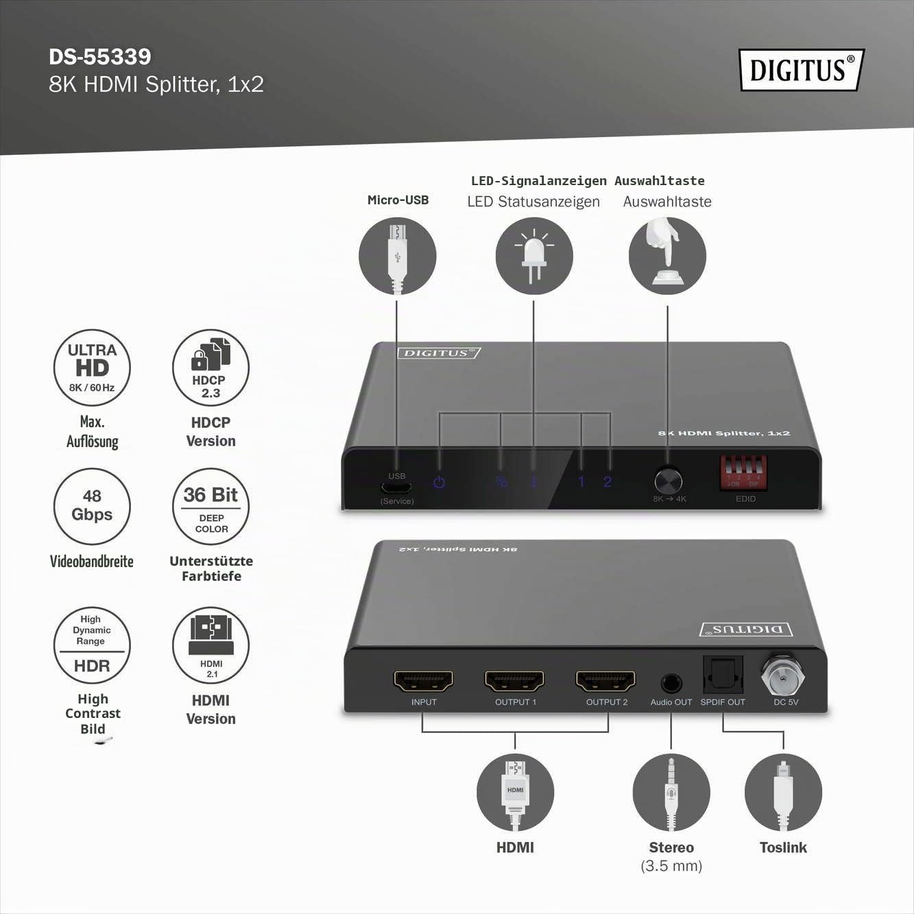 DIGITUS HDMI Splitter 1x2 – Eingang 1-Port Ausgang 2-Port – UHD 8K 60Hz
