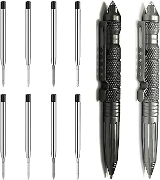 Origin-Joy 2 Pack Tungsten Steel Military Tactical Pen Set, Multifunctional EDC Self Defense Pen With 8 Ballpoint Refills Black & Gray