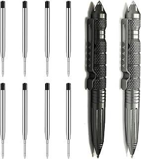 Origin-Joy 2 Pack Tungsten Steel Military Tactical Pen Set, Multifunctional EDC Self Defense Pen With 8 Ballpoint Refills (Black & Gray)