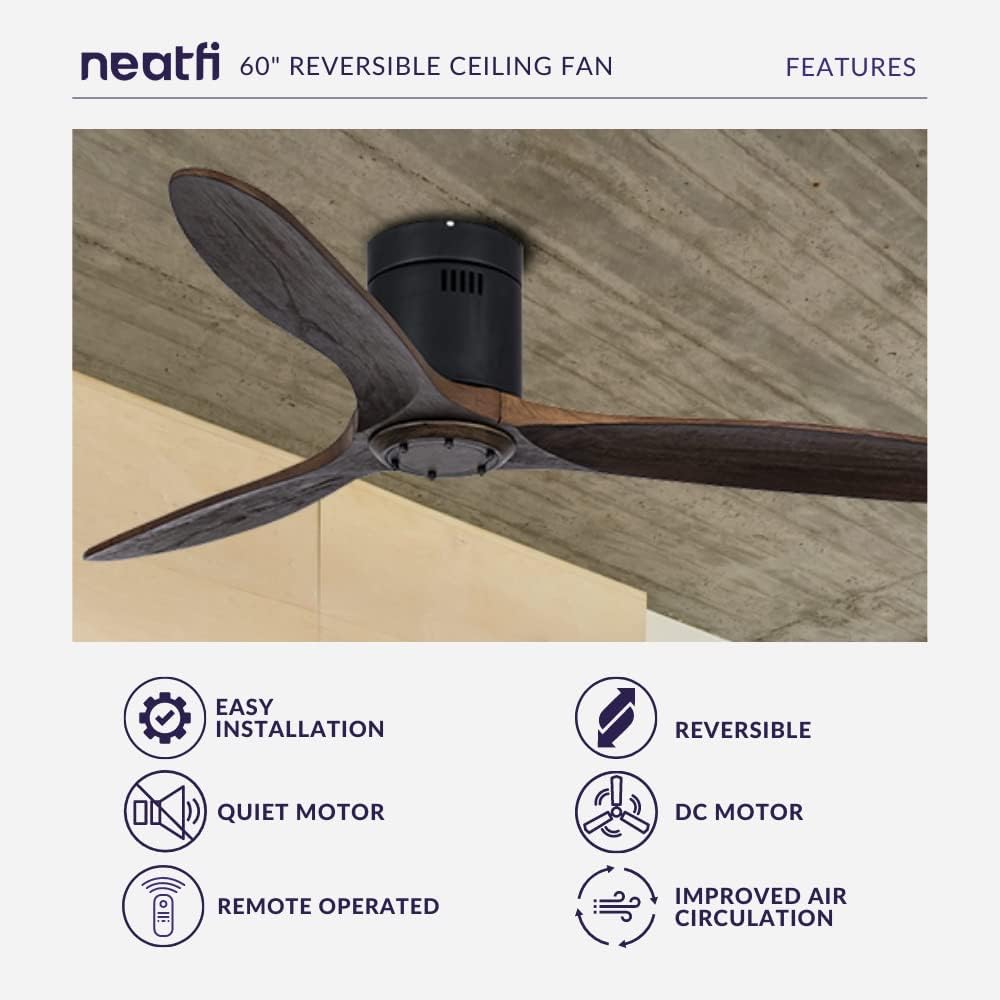 Neatfi 60" Ceiling Fan No Light – 3 Solid Wood Blades, Quiet DC Motor | 6-Speed Modern Flush Mount Low Profile Ceiling Fan with Remote | Bedroom, Living Room, Kitchen (Brown, 60 Inches)