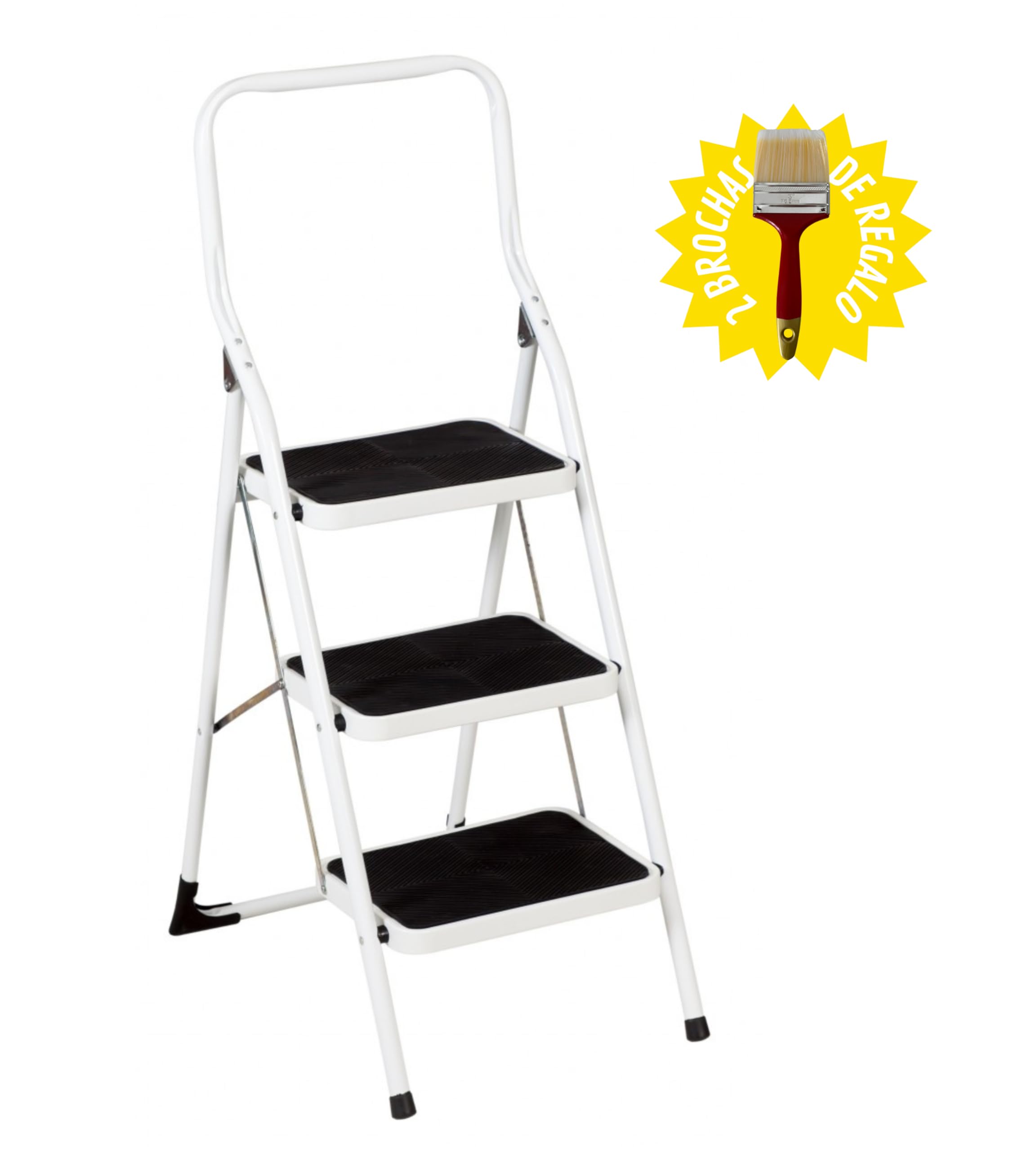 Escalera Plegable de Acero 3 Peldaños Extra Anchos - Fabricado en Europa - 2 Brochas de Regalo | Seguridad Mejorada, Antideslizante, Robusta, Fácil Almacenamiento