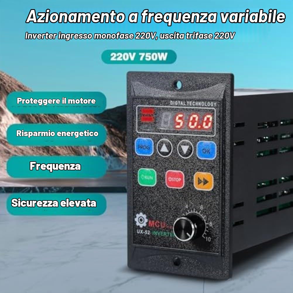 Inverter industriale VFD con controllo frequenza di slittamento, ingresso monofase e uscita trifase, adatto per motori da 450W 750W 1 1kW in sistemi di trasporto e hot pot rotativi (400)