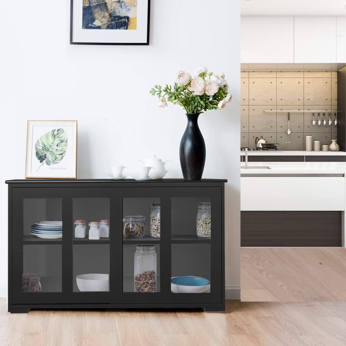 GOPLUS Dressoir keuken, keukenkast met 3 deuren en 3 open vakken