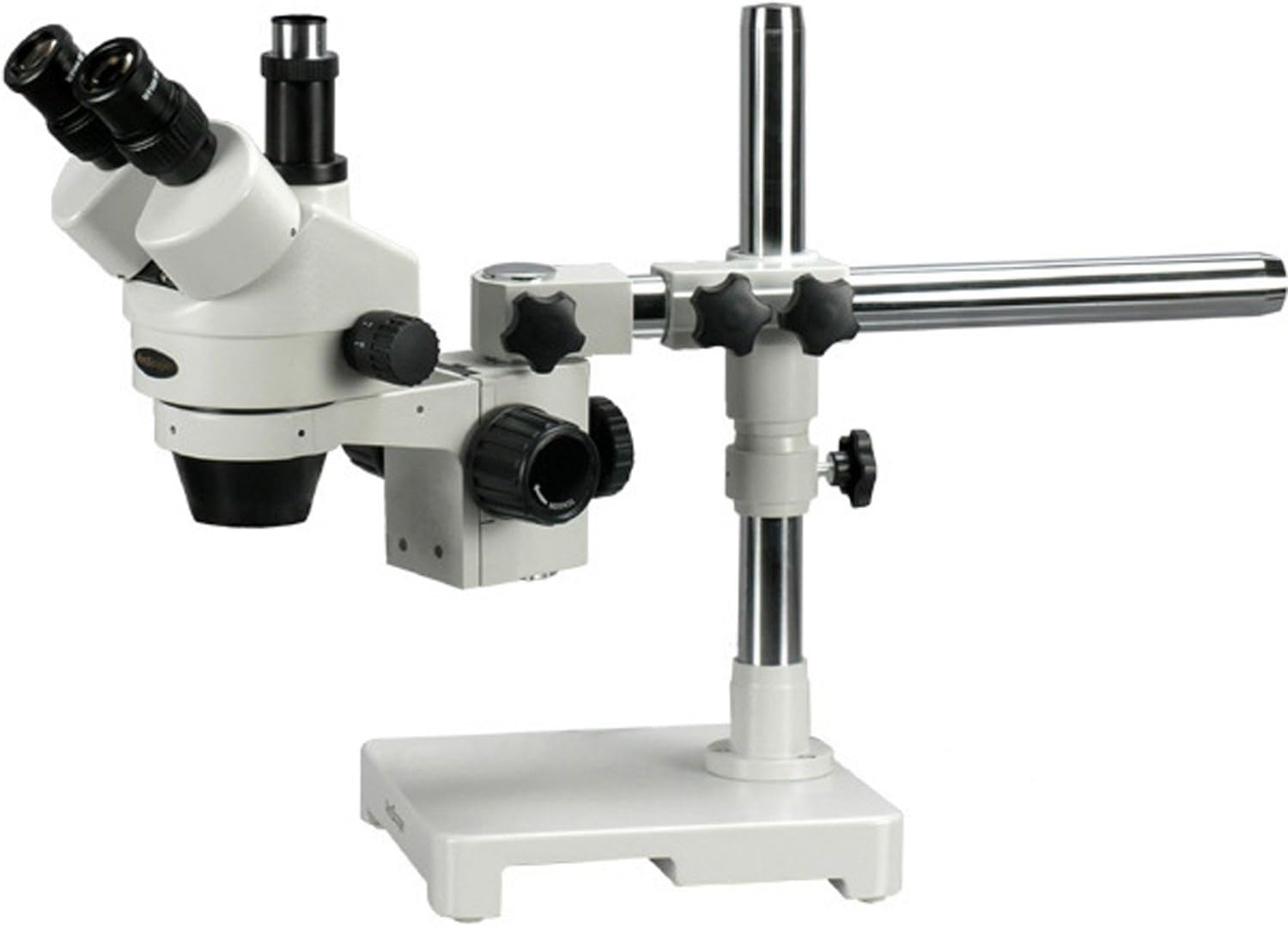 AmScope SM-3TZ-FODR-5M Digital Professional Trinocular Stereo Zoom Microscope, WH10x Eyepieces, 3.5X-90X Magnification, 0.7X-4.5X Zoom Objective, Fiber Optic Dual-Gooseneck and Ring Light, Single-Arm Boom Stand, 110V-120V, Includes 0.5X and 2.0X Barlow Lenses and 5MP Camera with Reduction Lens and Software