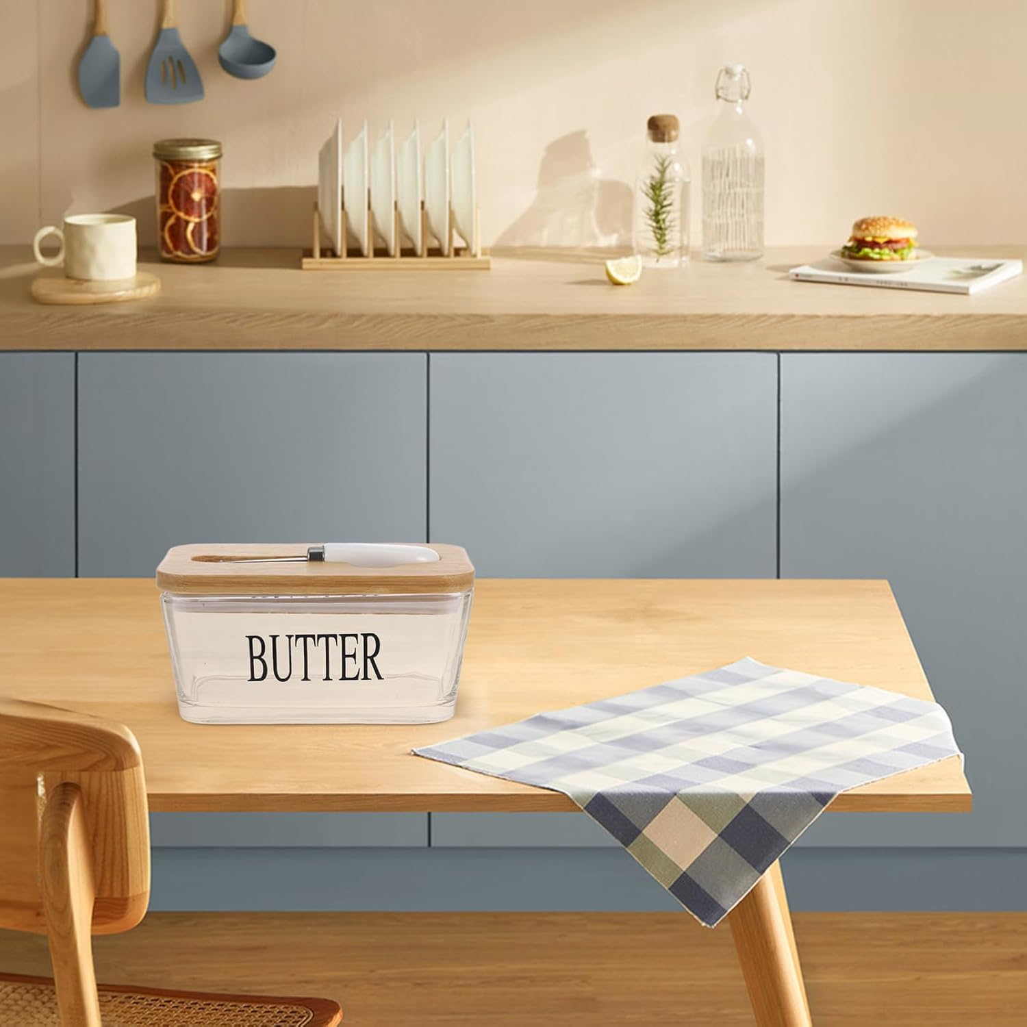 Cabilock Butter Dish with Bamboo Lid and Knife, Glass Covered Butter Holder with Knife, Glass Butter Keeper, Ideal for Countertop and Refrigerator Storage