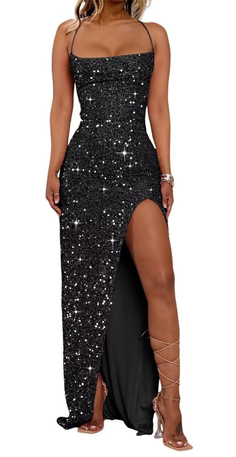 KURFACE Black Prom Dresses for Teens 2025 Sleeveless Sequined Ball Gown with Slit Spaghetti Strap Evening Party Gown UK8