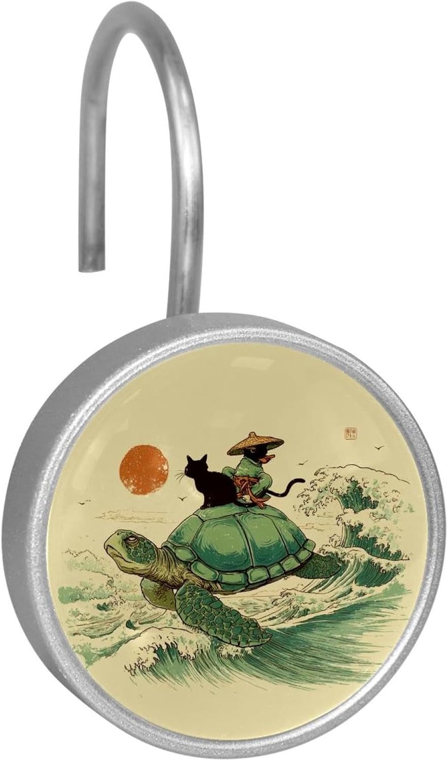 Set of 12 Shower Curtain Hooks, Shower Curtain Rings Crystal Glass Decorative Bathroom Hook, Cat Riding Sea Turtle (1)