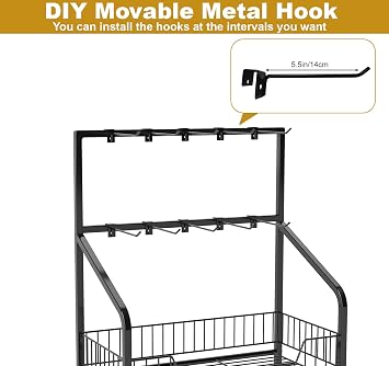 Nisorpa 4 Tier Supermarket Retail Display Rack with Wheels, 10 Hooks, Metal | 2 Wheels with brake, Commercial Candy Snack Display, For Convenience, Stores, Home, Kitchen, 19.6 x 56.2 x 10.6 Inches, Black