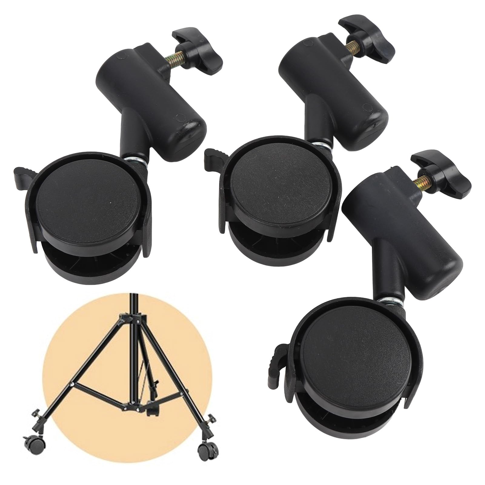 Ruedas de Soporte de Luz Silenciosas Giratorias de 360°, Paquete de 3 Ruedas Giratorias para Trípode con Freno, Fácil de Instalar para Estudio, para Mesas, Gabinetes, Hechas de