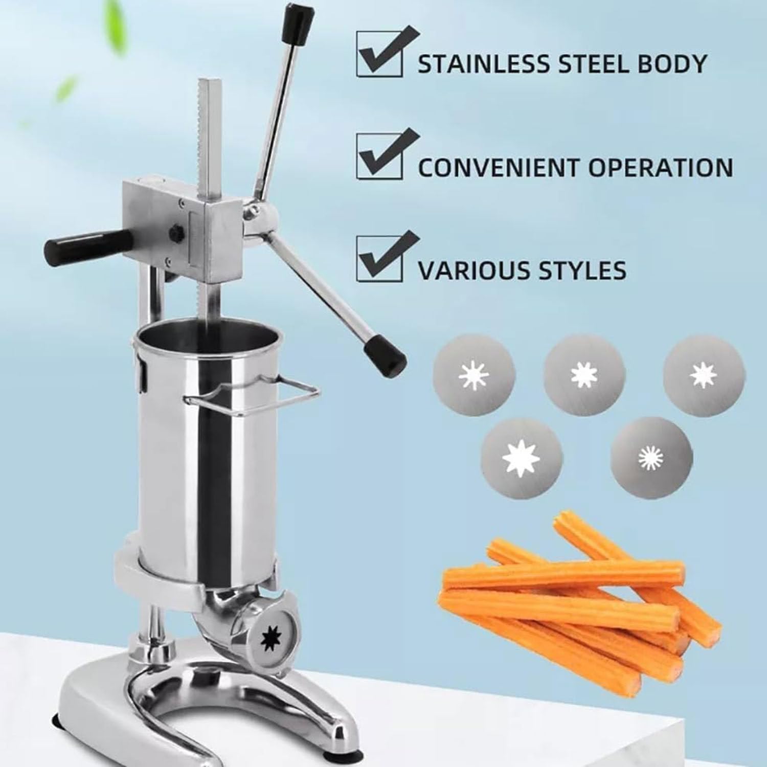Máquina para hacer churros manual, comercial 2L/3L Manual Español Donut Churrera Churro Maker Machine con 5 tipos de moldes, Máquina para hacer churros española vertical de acero inoxidable,2L