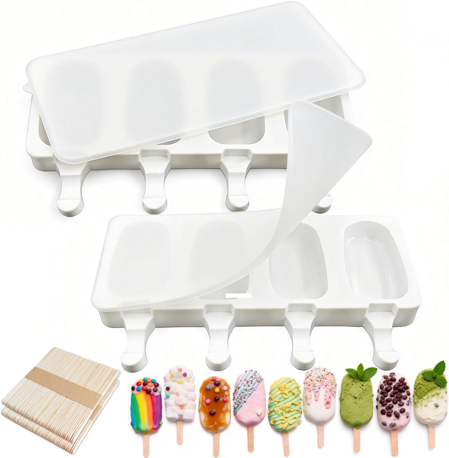 2 Pack Silicone Popsicle Molds, Largre Oval 4 Cavities Homemade Ice Pop Molds with 100 Wooden Sticks for Ice Cream, Cakesicles, Cake Pop
