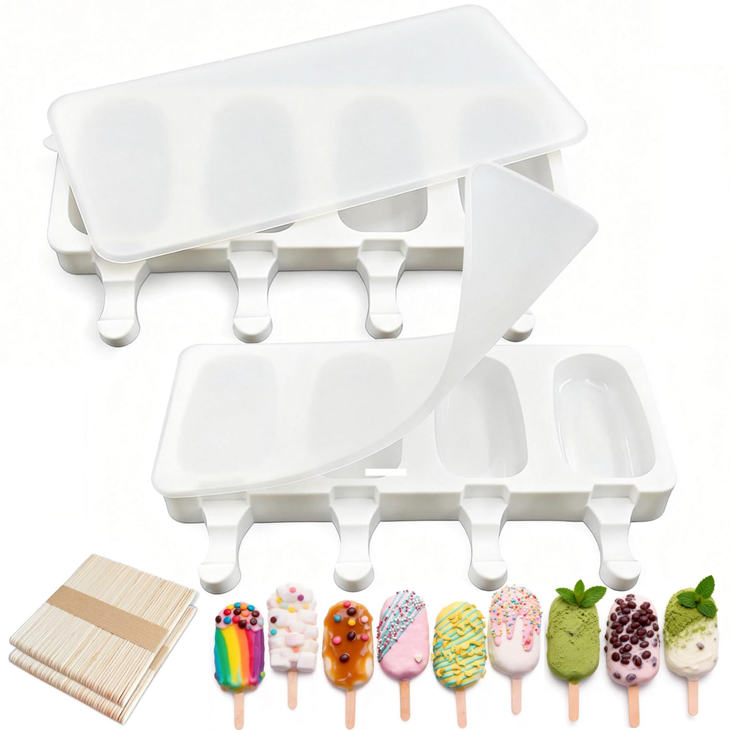 Photo 1 of 2 Pack Silicone Popsicle Molds, Largre Oval 4 Cavities Homemade Ice Pop Molds with 100 Wooden Sticks for Ice Cream, Cakesicles, Cake Pop
