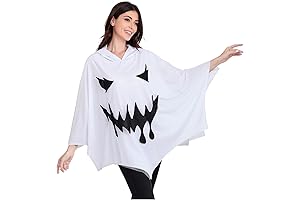 Women's Funny Ghost Face Spooky Hooded Poncho Cloak Halloween Costume