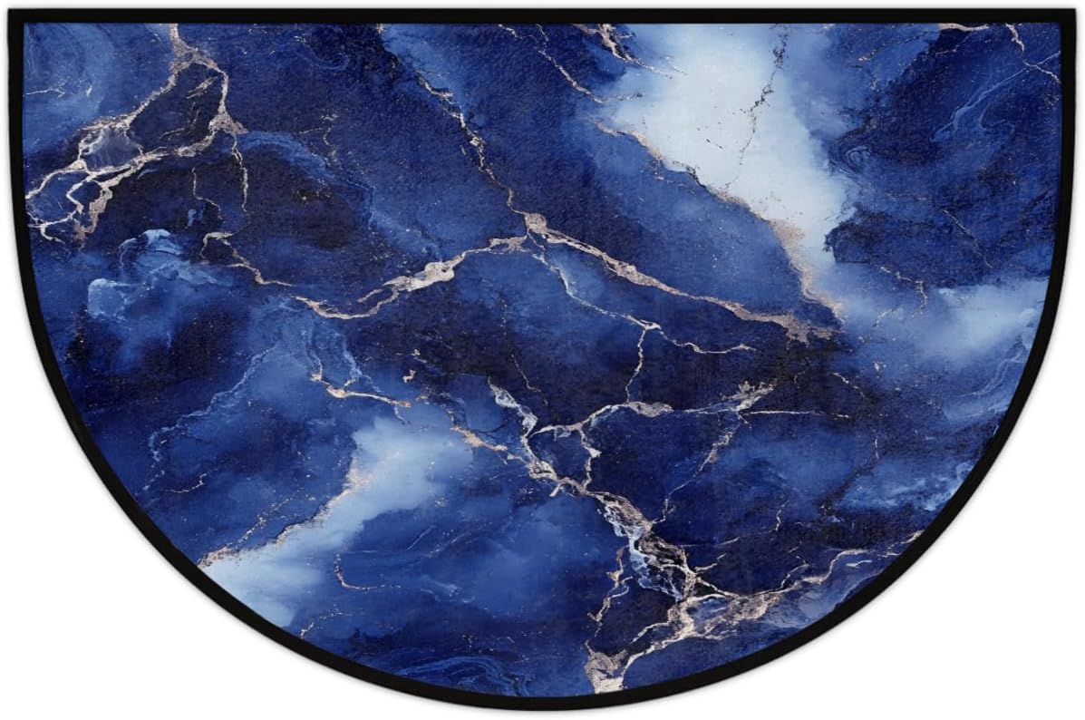Half Round Door Mat Blue Marble Semi Circle Area Rug Washable Half Moon Bathroom Rugs Entryway Rug for Indoor Outdoor Kitchen Hearth Fireplace Floor Welcome Carpet Low Profile