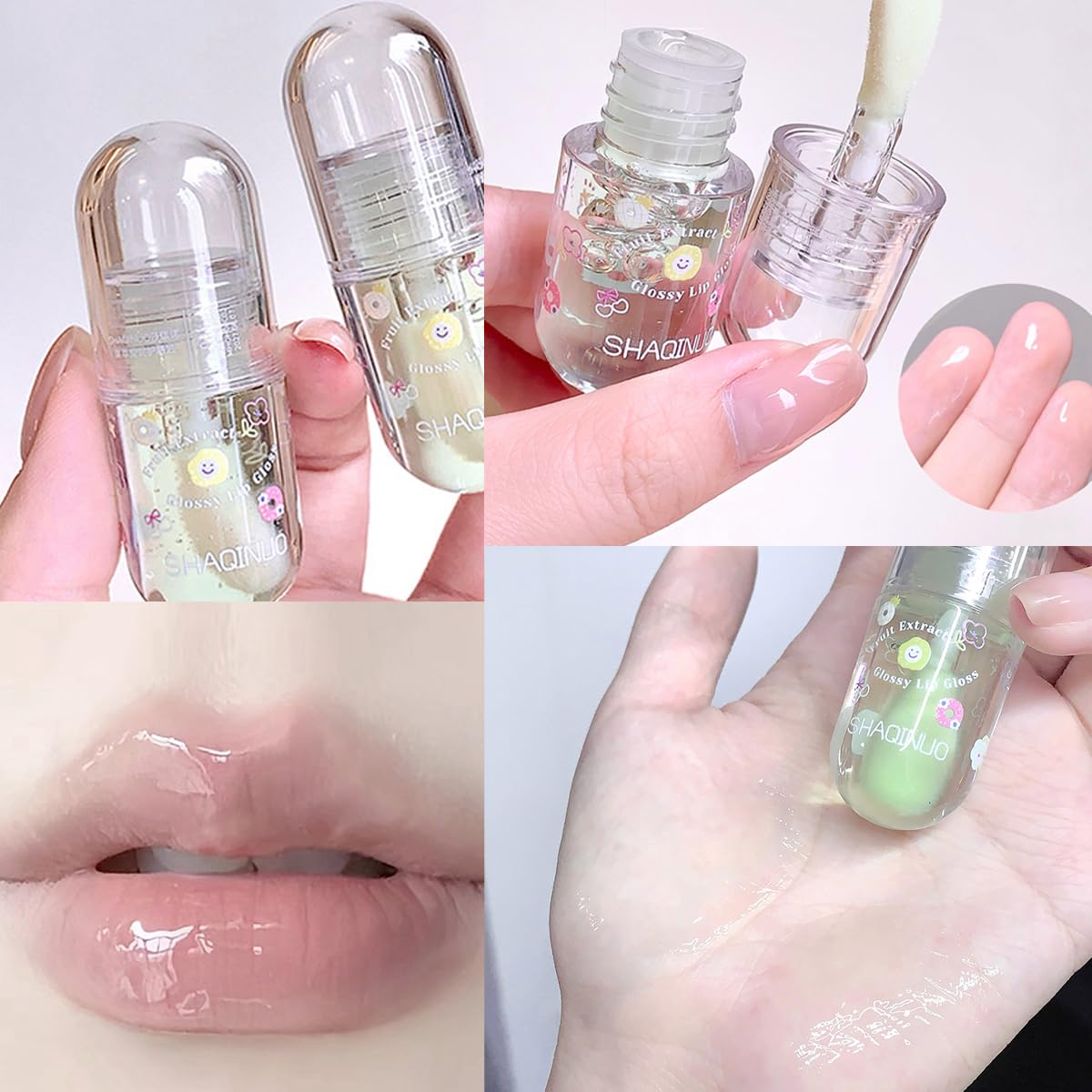 Juego de 4 aceites de brillo labial con sabor a fruta, aceite de labios para cabeza de cepillo grande, bonito brillo labial hidratante y nutritivo, aceite de brillo labial con acabado brillante 6
