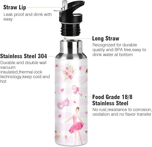 Miniatura 3 de Qilmy Botella de agua deportiva con tapa de pajilla, aislada al vacío, de acero inoxidable, termo de ballet, botella de agua para niña, 20 onzas