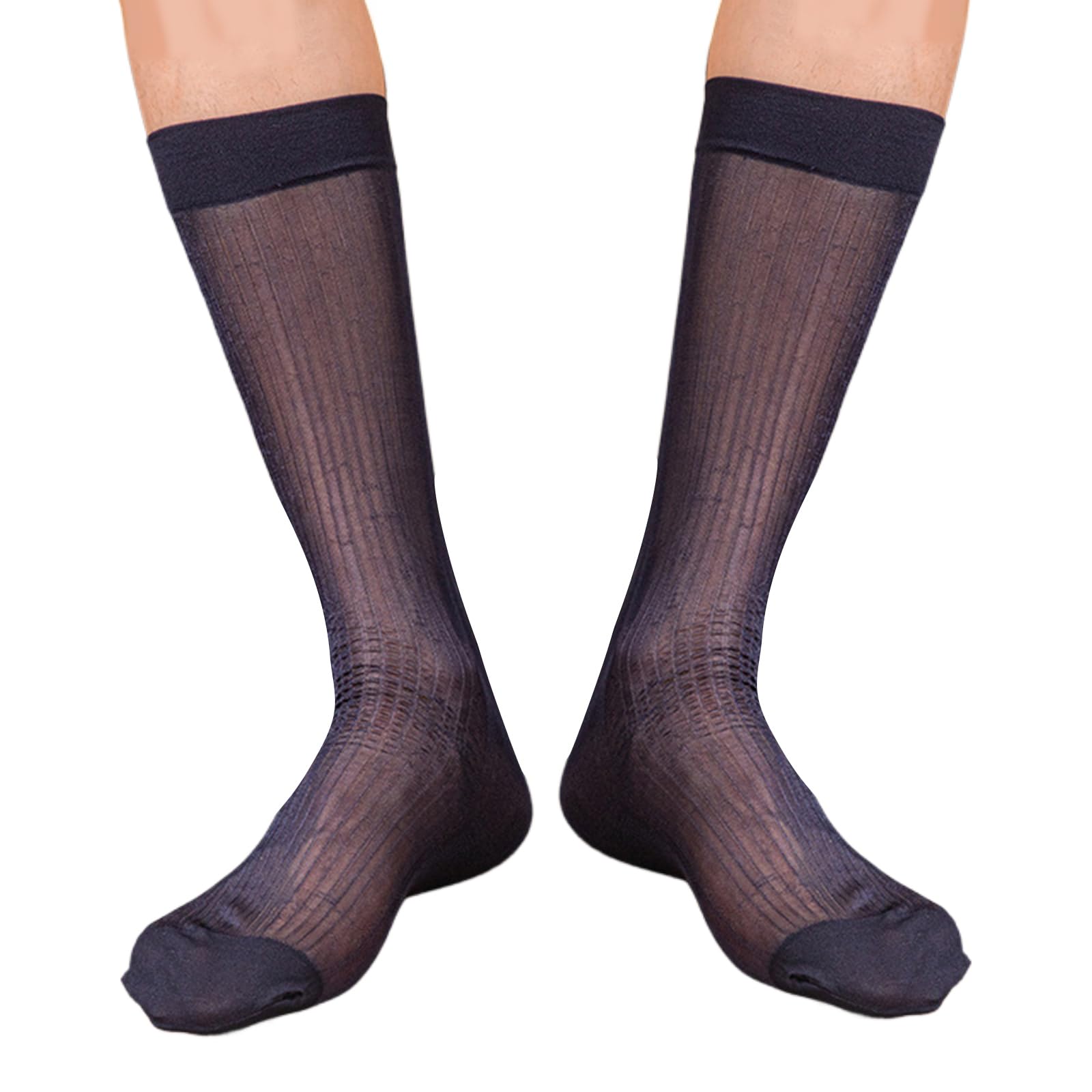 Gkyqve Unisex Navy Blue Mens Thin Silk Formal Dress Suit Socks Clear Sheer Long Calf Male Business Dress Glossy Striped See Through Glossy Striped Silk Stockings