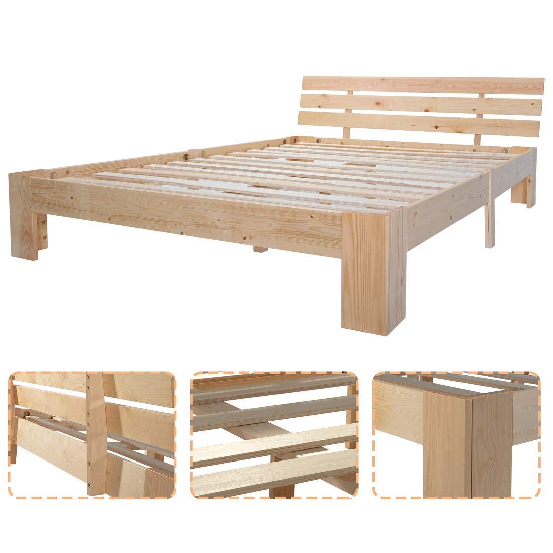 Merax Massivholzbett Holzbett Doppelbett, Bettrahmen aus Holz mit Kopfteil und Lattenrost, 140 x 200 cm, Holzlattenunterstützung, Stauraum unter dem Bett, Schlafzimmermöbel, Eichefarbig