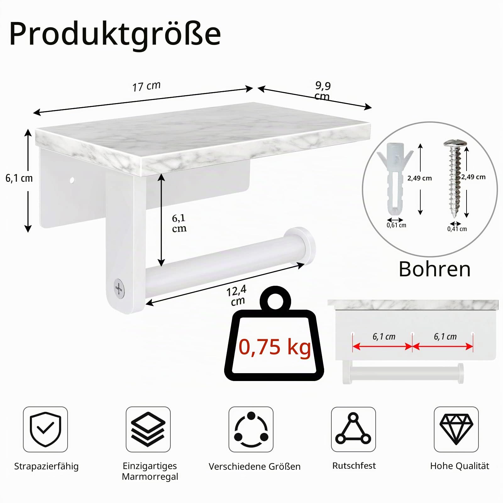 Toilettenpapierhalter mit Natürlich Marmor Ablage, Gypie Klopapierhalter Weiß, 304 Edelstahl Klorollenhalter mit Bohren, Rostfrei Matt Wc Papier Halterung Wandmontage für Badzimmer | Toilettenpapierhalter aus Edelstahl, Spender für Badezimmer, Waschraum