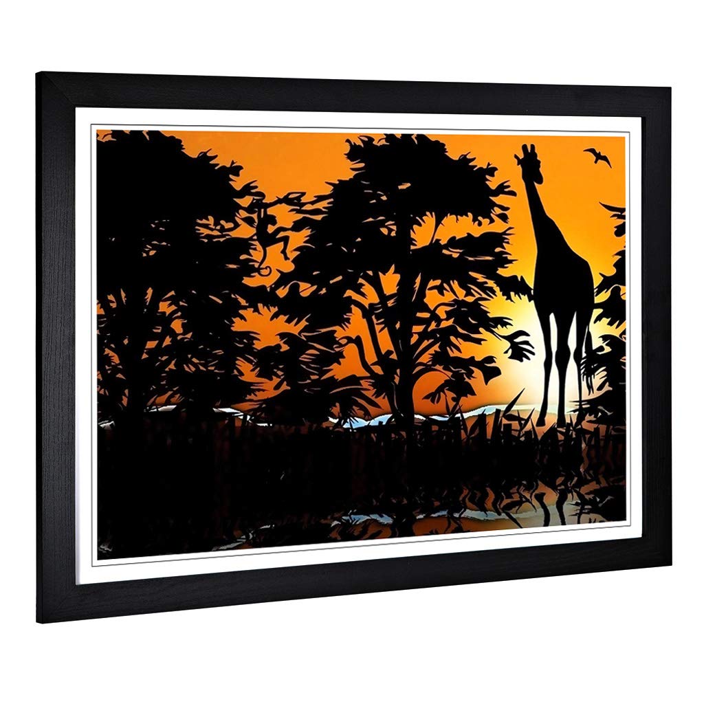 Big Box Art Framed Print of Sunset and Giraffe Landscape (2) Design | Wall Art Picture | Home Decor for Kitchen, Living Room, Bedroom, Hallway, Black, A2 / 24.5x18 Inch / 62x45cm